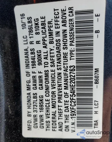 2017 Honda Civic Lx from USA, damaged, VIN 19XFC2F54HE202763